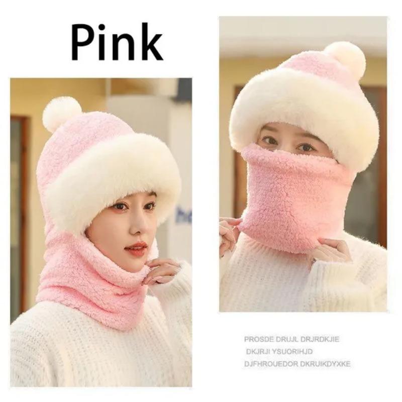 Winter Scarf Set Hooded Women's Plush Scarf Warm Hat Outdoor Ski Windproof Hat Thickened Plush Fluffy Woolen Hat