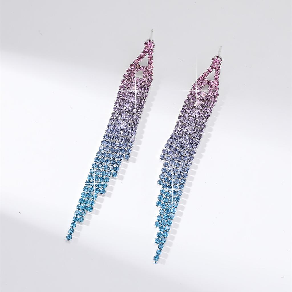 Fashion Gradient Colour Rhinestone Long Tassel Earrings Senior Sense Of Temperament Earrings Women's Earrings 1 Pair