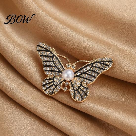 Butterfly Lapel Pin Faux Pearl Rhinestone Brooch, Women Girls Alloy Electroplated Pin, Sweater Cardigan Coat Clothing Accessories, Jewelry Gift Strong