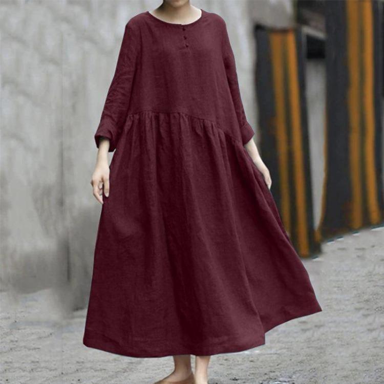 Plus Size Women Long Dress Cotton Linen Long Sleeve Round Neck Pocket Solid Color Irregular Hem Patchwork