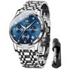 OLEVS Men's Quartz Watch with Moon Phase Timer, Stainless Steel, Stylish, Waterproof, Luminous, Date Display, Blue
