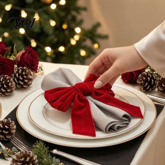 Soft Velvet Napkin Rings 6Pcs Bow Rings, Christmas Fabric Holders, Red Classic Table Ornaments Green for Dinner Holiday Party Decor