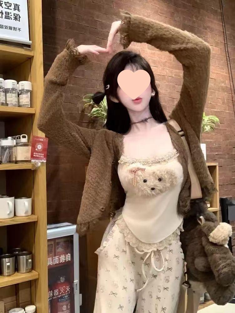 Осенне-зимний кремовый кардиган для щенка и повседневный облегающий жилет с комплектом длинных брюк