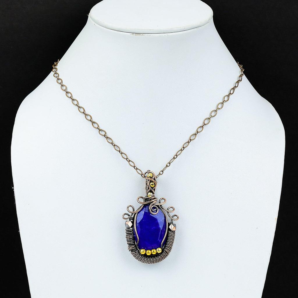 Великолепный синий сапфировый драгоценный камень, созданный в лаборатории, чистая медная проволока, обернутая ювелирными изделиями ручной работы