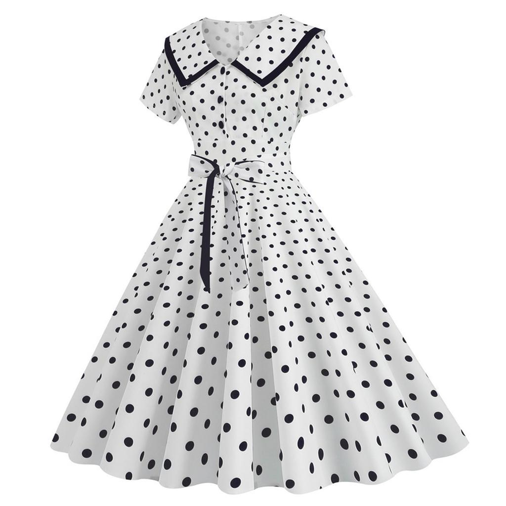 Women's Fashion Lapel Vintage Polka Dot Print Maxi Dress With Belt
