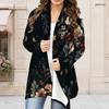 Women Plus Size Black Floral Printed Long Sleeve Open Front Cardigan Draped Collar Curved Hem