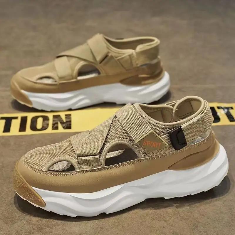 Летние мужские модные спортивные сандалии для улицы с противоскользящими носками и полыми отверстиями, легкая пляжная обувь на толстой подошве
