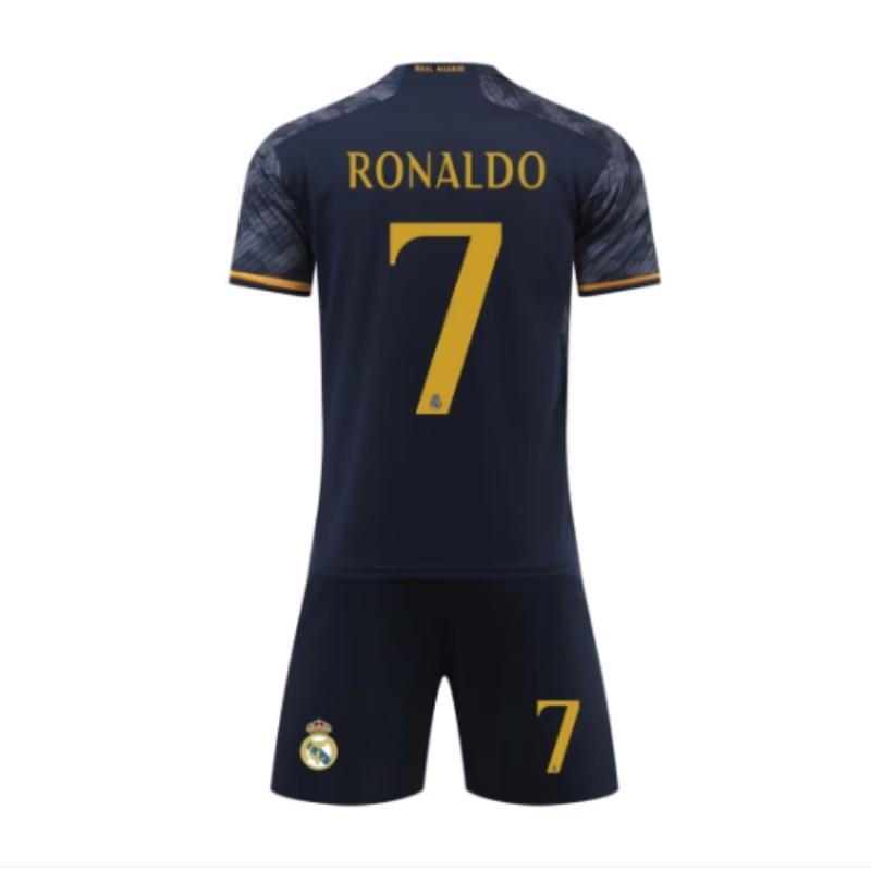 Real Madrid Ronaldo Kids Soccer Jersey Set, Black, Polyester Football Kit for Youth Training and Match