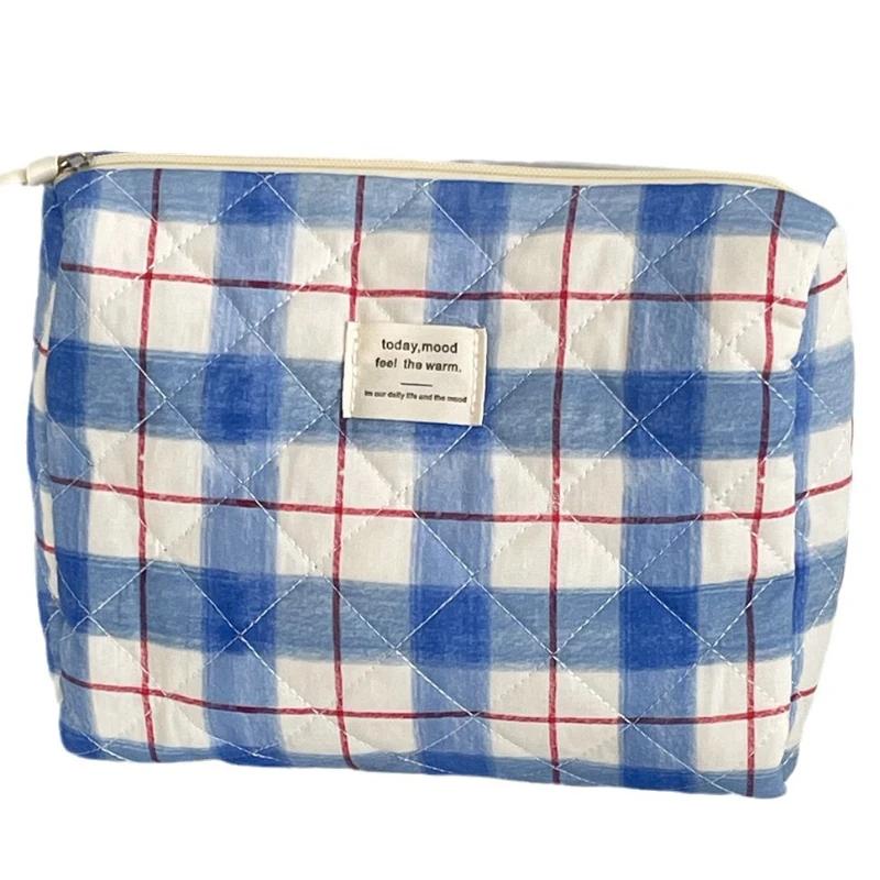 Vintage Plaid Contrast Color Women's Cosmetic Bags Travel Portable Ladies Makeup Case Cotton Quilted Female Storage Handbags