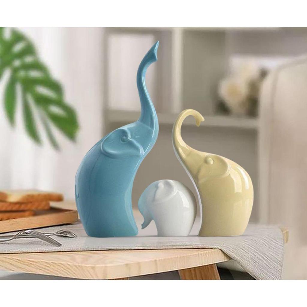 Beautiful Ceramic Multicolour 3 Pcs Elephant Family for Home Decor (Pack of 1, Multicolor)
