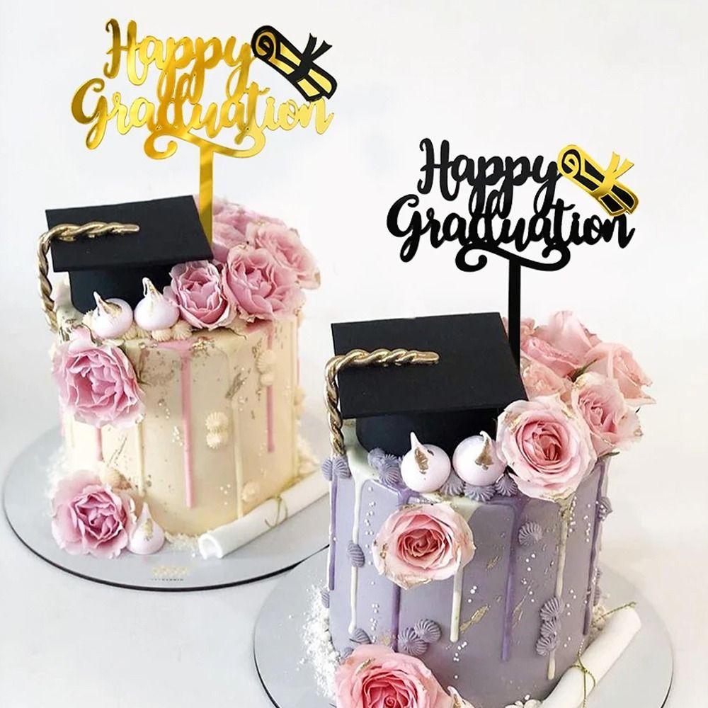 Acrylic Congrats Cake Topper Black Gold Bachelor Hat Cap Cake Decoration Graduation Party