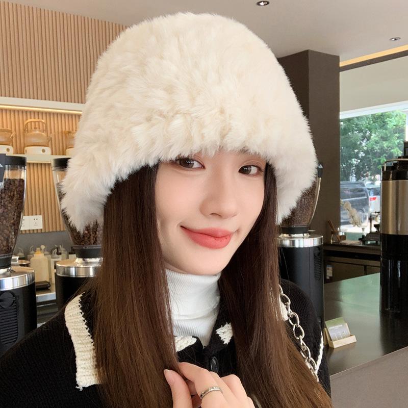 Плюшевая шапка женская осенне-зимняя новая шапка из кроличьего меха теплая большой окружности головы показывающая маленькое лицо пушистая шляпа-ведро