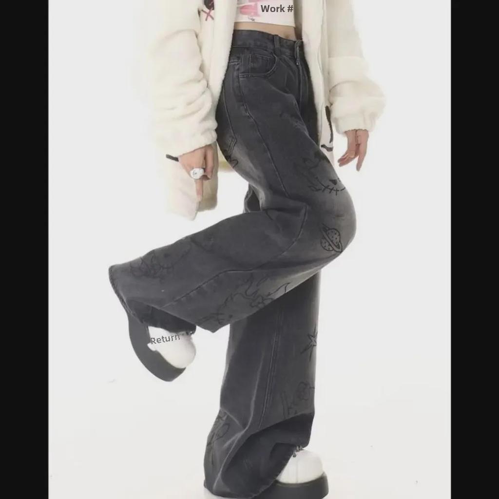 Женские свободные широкие джинсы с рисунком в стиле граффити - осень/зима в стиле ретро в уличном стиле