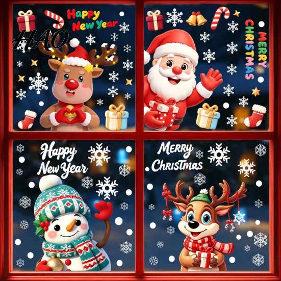 Christmas Party Supplies for Windows Window Stickers, Static PVC Decals with Santa Claus Reindeer Snowman Thickened Durable Holiday Clings Patterns,