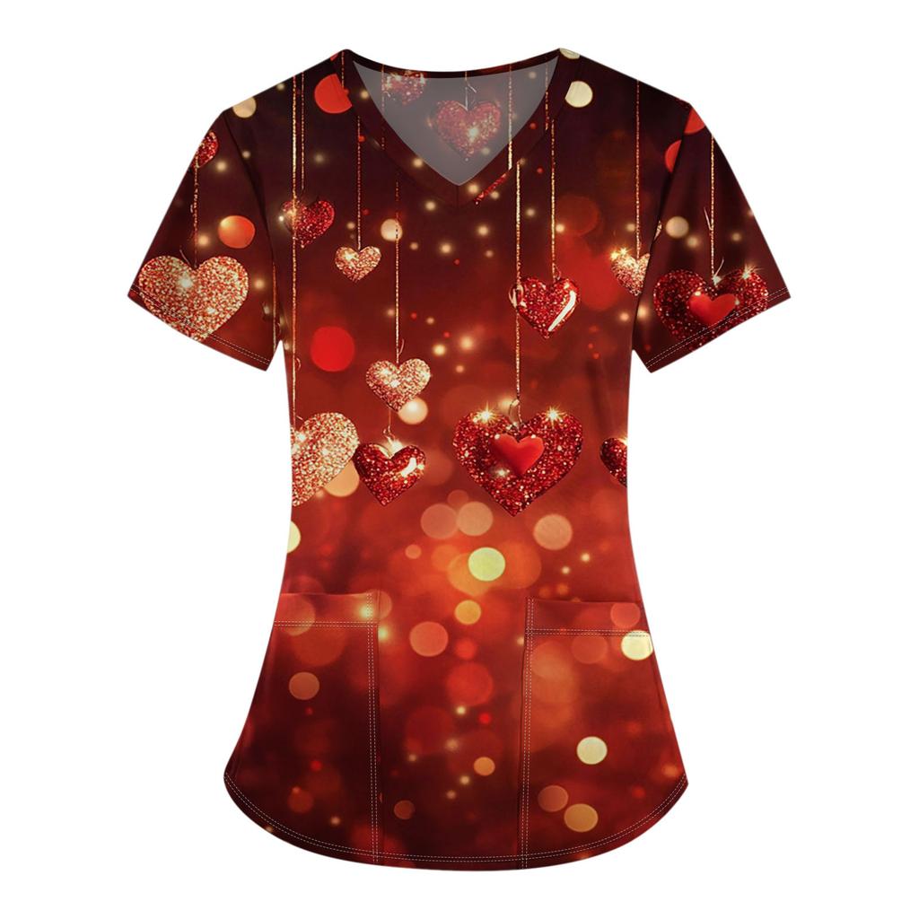 Женский модный комбинезон с коротким рукавом и V-образным вырезом, с карманом, на День святого Валентина, с принтом, топы, одежда