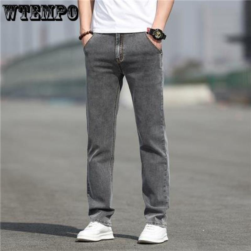 WTEMPO Мужские джинсы, летние тонкие однотонные свободные эластичные узкие джинсы, простые прямые брюки, повседневные мужские брюки