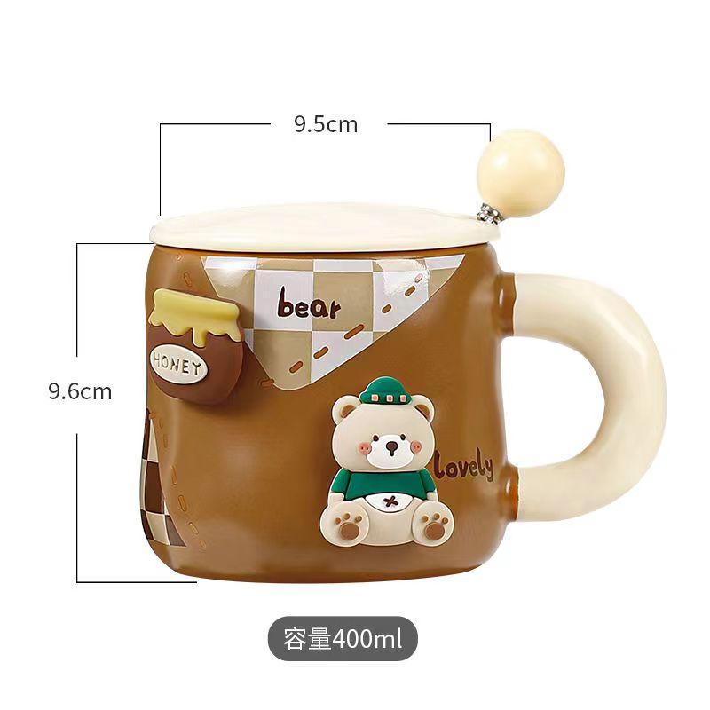 Кружка Honey Bear из утолщенной керамики с крышкой и ложкой, кофейная чашка, 3D магнитная съемная адсорбционная вешалка, посуда для питья