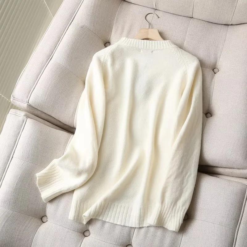 Женские пуловеры больших размеров, шикарные топы, элегантный бежевый вязаный свитер с круглым вырезом, джемпер