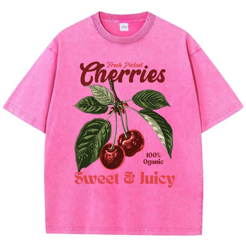 Fresh Picked Cherries Cottonwashed T Shirts Women Sweet Fruit Print T-Shirt Distressed Oversize O-Neck Tops Street Woman Clothes