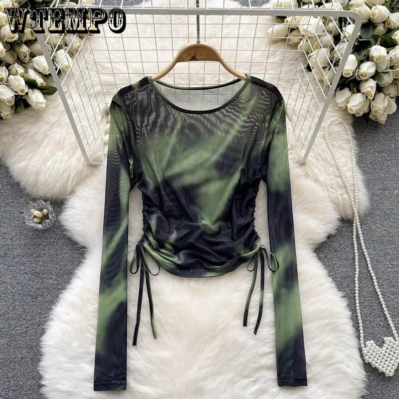 WTEMPO Шикарные сетчатые футболки с принтом Tie Dye, женские повязки на шнурке, винтажные облегающие топы Y2K, футболки с длинными рукавами, уличная одежда