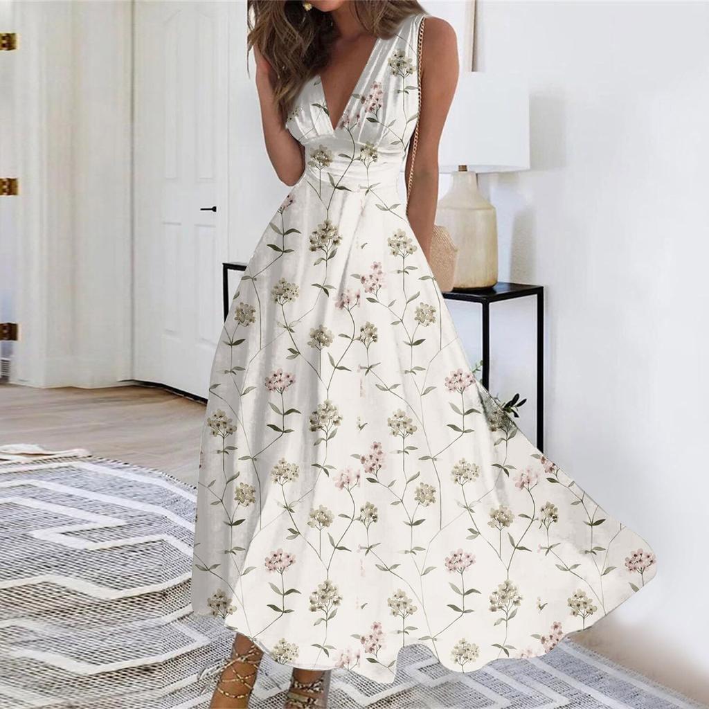 Женское длинное платье Платье макси Повседневное платье Летнее повседневное платье без рукавов с v-образным вырезом в стиле бохо с талией и принтом