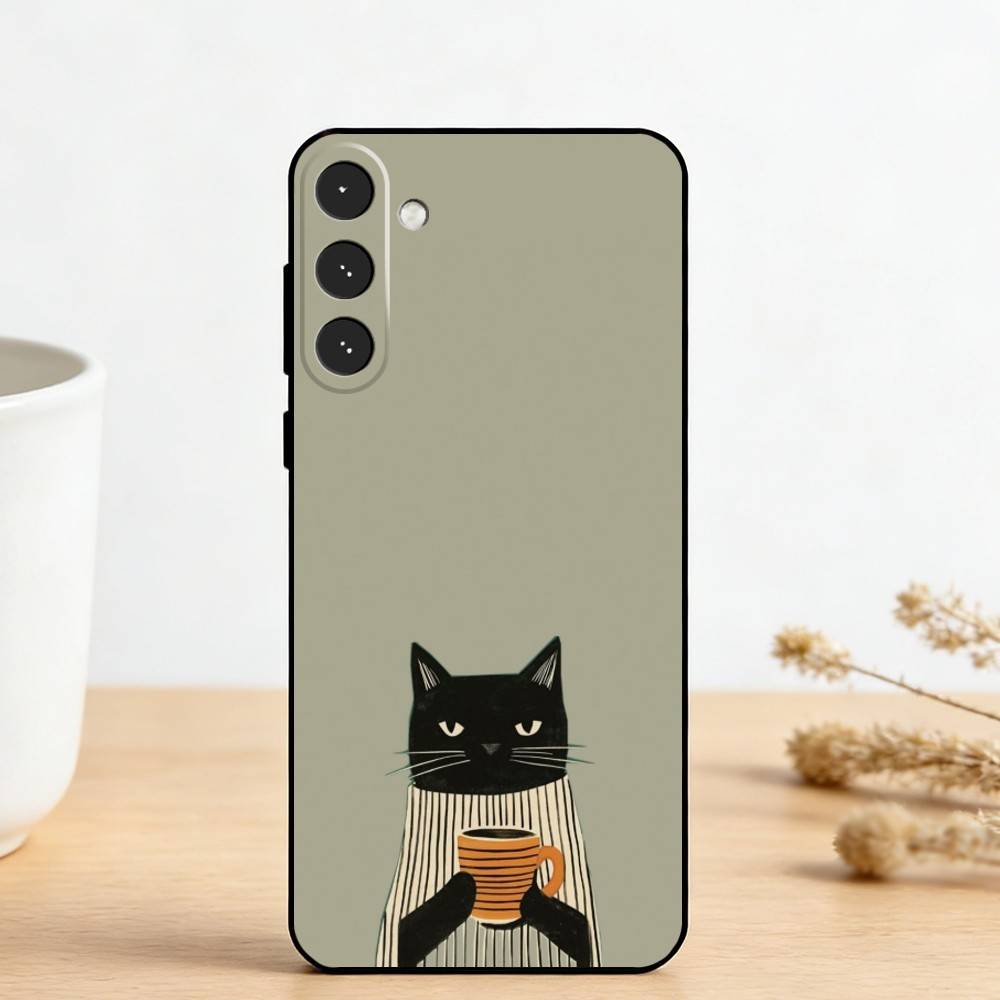 C-Cute Black White Cat Phone Case For Samsung Galaxy A73,A72,A71,A70,A53,A52,A51,Others Soft Black Cover