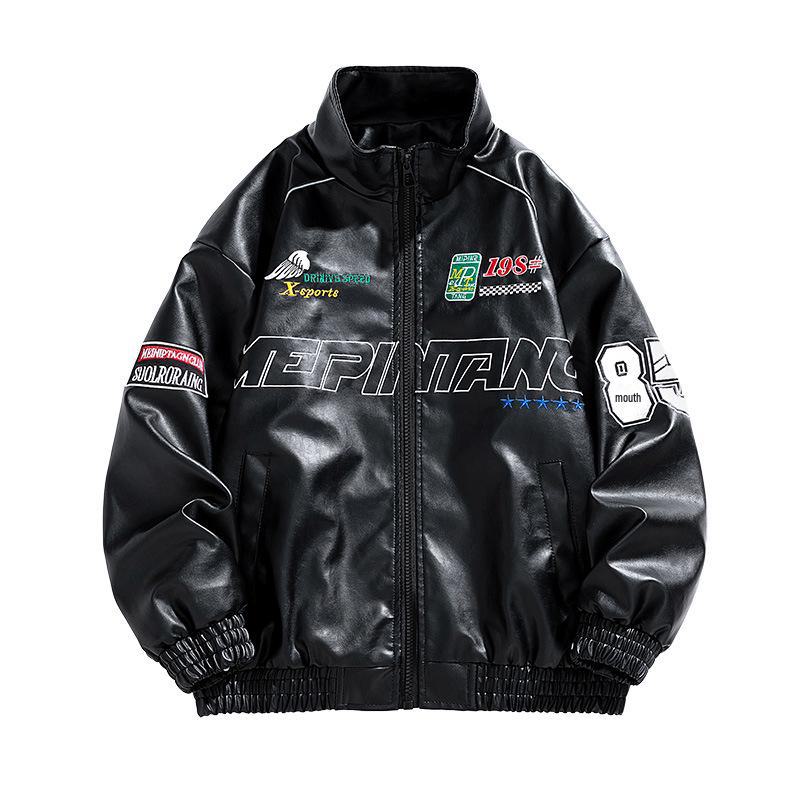 Мужская зимняя куртка 2024 года из искусственной кожи с вышивкой и воротником-стойкой — модный и повседневный американский стиль