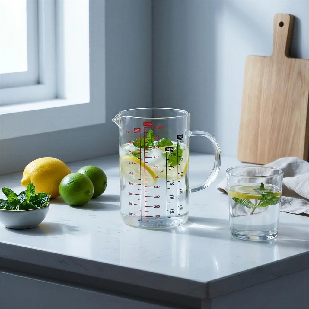 KITCHEN MEASURING JUG 1000ml HEAT-RESISTANT WITH GLASS MEASUREMENT GRADUATION