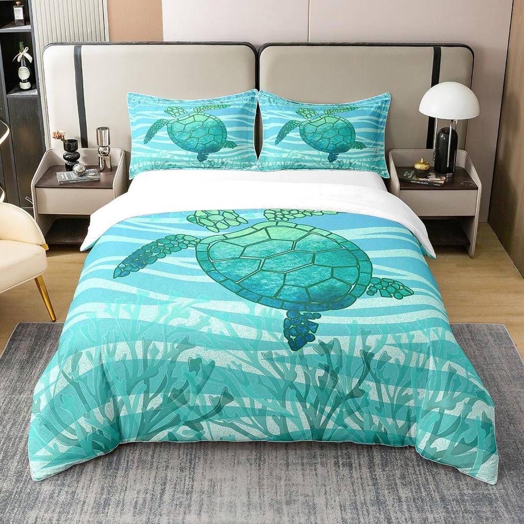 Turtle Bedding Set Microfiber Teen Bedding Light Blue Cute 3D Set for Small Double 3Pcs, Turtle Duvet Cover Set with Zipper