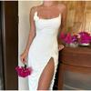 Sexy Slim 3D Flower Split Sling Dress Women's Chic Square Collar Pleated Strapless Vestidos 2023 Summer Holiday Beach Robe
