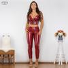 Melody Burgundy Bodysuit Pu Leather Suit Zipper Shaper Crop Top Middle Waist Butt Lift Leather Leggings