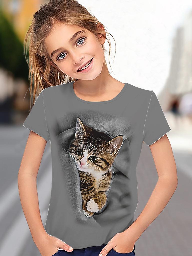 Детская одежда Футболка для девочек с коротким рукавом 3D принт с изображением мультяшного кота Детская летняя одежда Модная милая одежда для девочек Топы из полиэстера