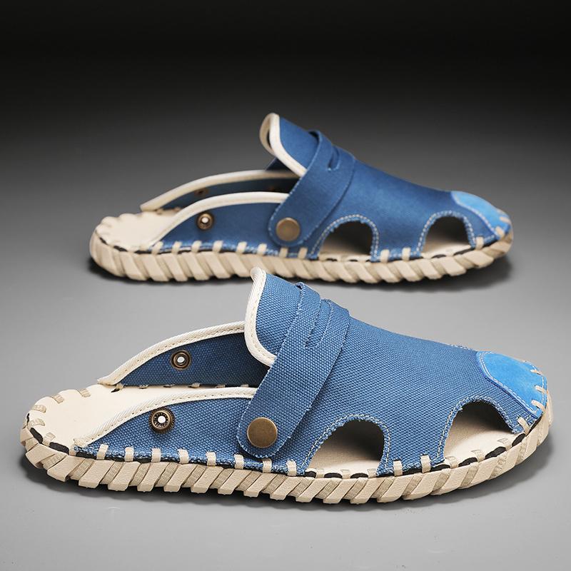 Популярные летние мужские тапочки с подошвой ручной работы, удобные парусиновые туфли, мужская повседневная обувь, туфли на плоской подошве, домашняя обувь с мягкой подошвой