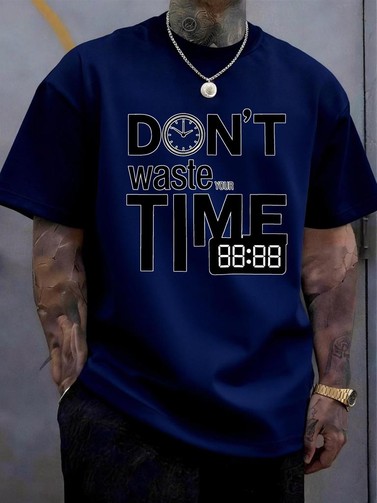 Unisex Summer Short Sleeve T Shirt Dont Waste Your Time Clock Print Casual Loose Crew Neck Streetwear Daily Wear Fashion Tops