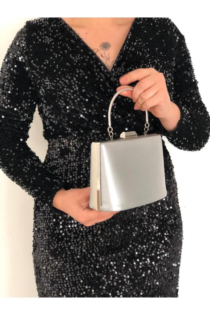 Women's Stylish and Useful Evening Dress Bag Evening Dress Bag Clutch Portfolio Strap Shoulder and Hand Bag Fabric Silver 2023