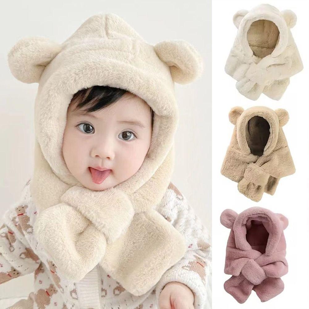 Soft Warm Baby Bear Plush Hat Winter Ear Protection Hats Lovely One-Piece Hat Scarf Kids