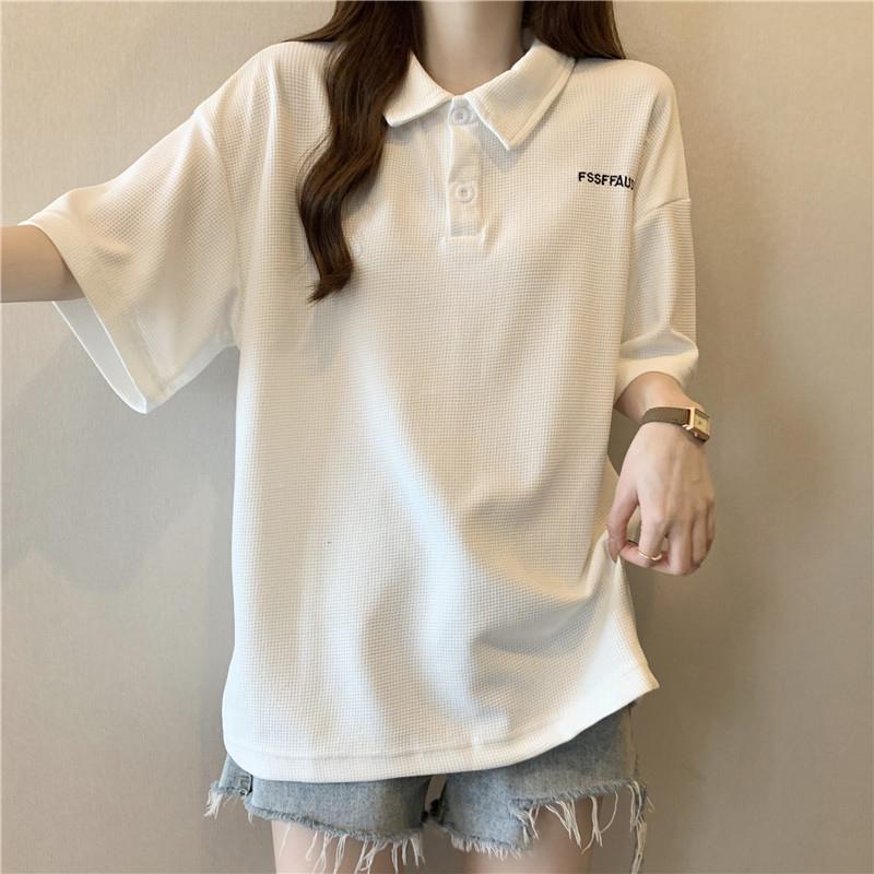 Fashion Letter Tshirts Summer Women Print Graphic Tshirt Femme Harajuku Casual Loose Polo Collar Waffler Clothes T Shirt Female Streetwear