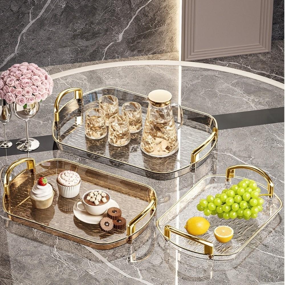 Transparent Clear Luxury Tray Gold Rim Dining Tea Serving Platter Decorative Tray Home Decor