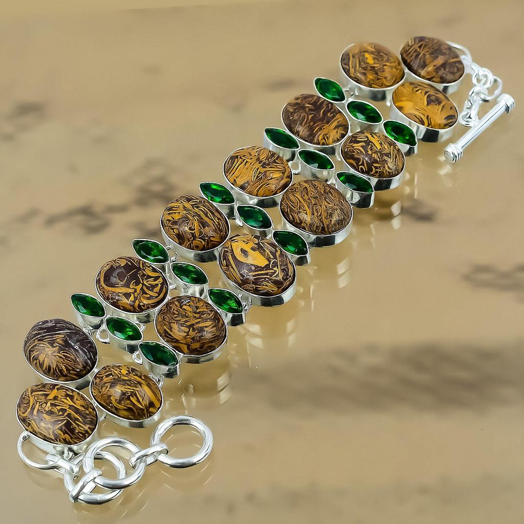 Oval Mariam Jasper Gemstone Chrome Diopside 925 Silver Trendy Chain New Bracelet