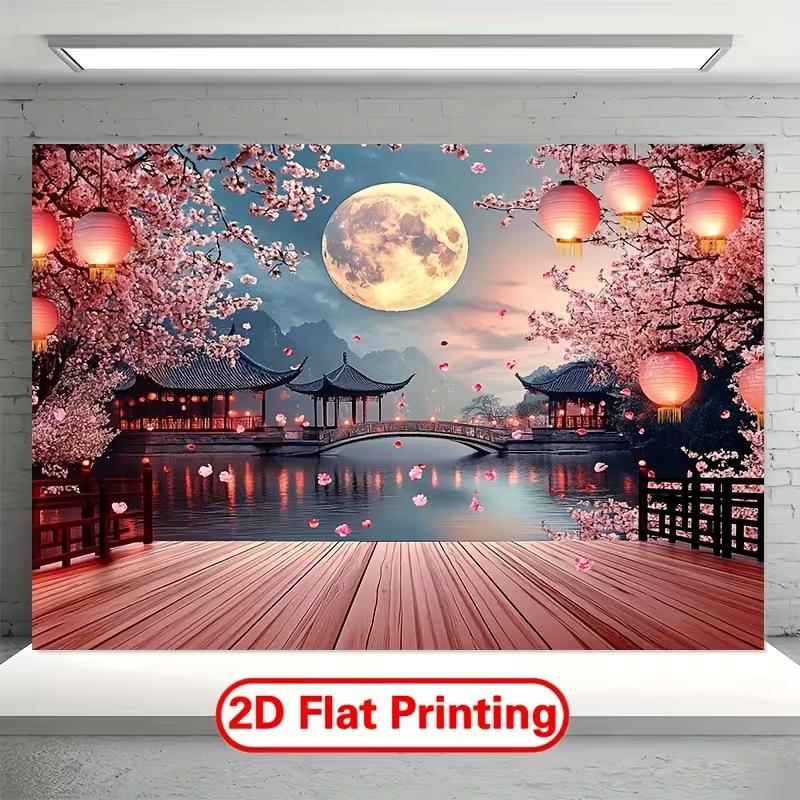 2D Night Cherry Blossom Lake Pavilion Tapestry for Chinese New Year Festival Decoration
