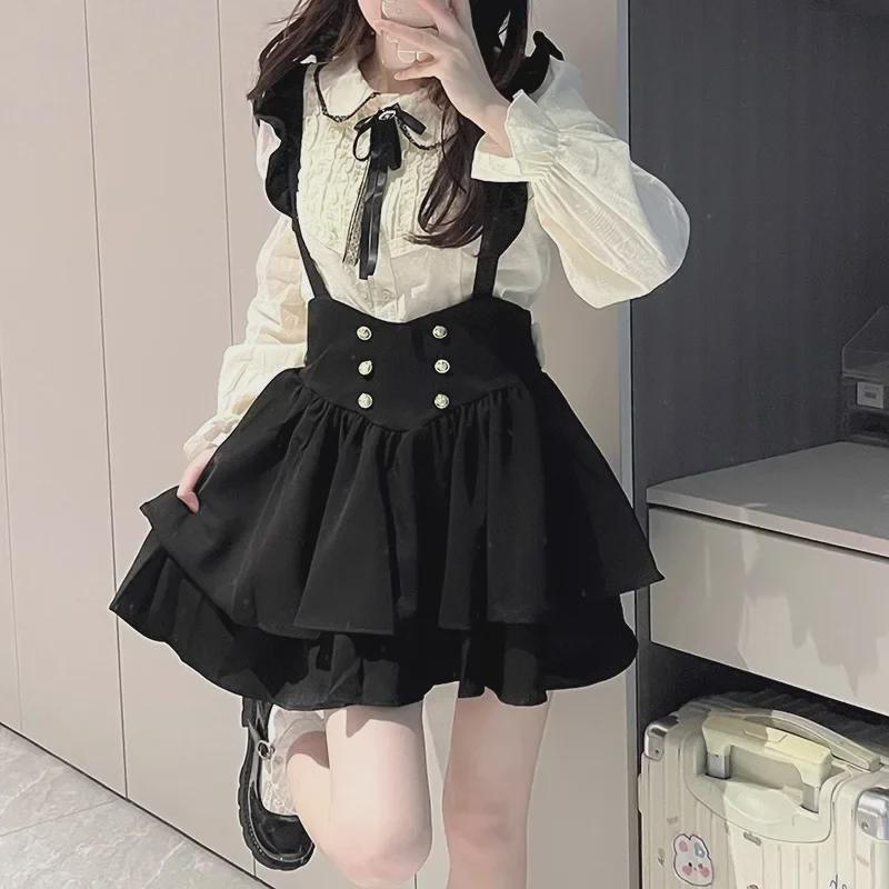 Slightly Plump College Style Waist Bow Tie Overalls Skirt - Autumn/Winter Pure Desire Doll Collar Sweet Girl Top Shirt Set