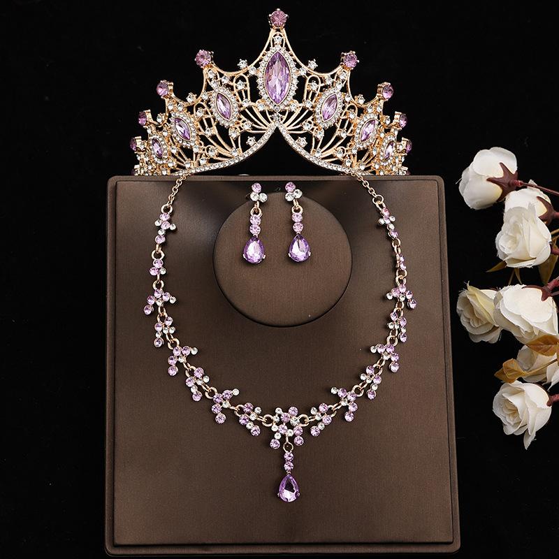 Элегантная розовая хрустальная тиара, корона для женщин, свадебная вечеринка, Корона, ожерелье, серьги, комплекты ювелирных изделий, аксессуары для платья и волос