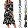 Women's Loose Casual And Fashionable Round Neck Seven Quarter Sleeved Printed Mid Length Dress