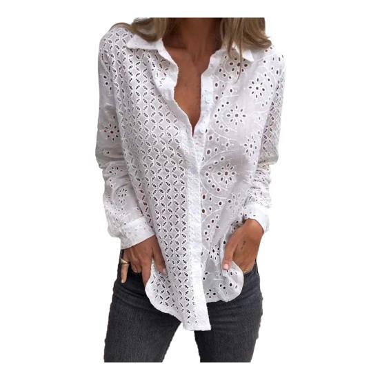 Women Shirt Lapel Long Sleeve Hollow Flower Pattern Shirt Tops Solid Color Loose Fit Single