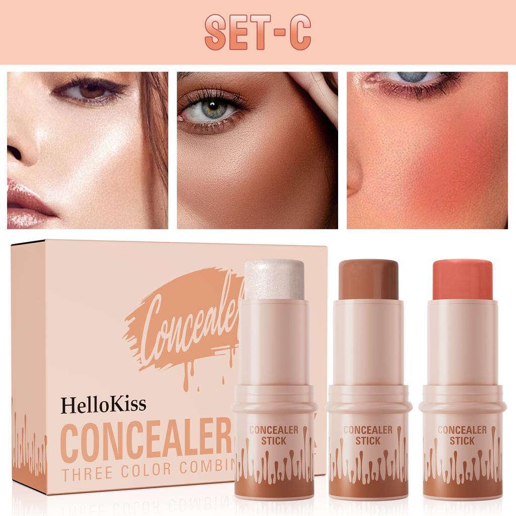 3pcs Contouring Stick Set Face Contour Stick Shadow Stick Blush Stick 3-in-1 Perfect Concealer Stick Full Coverage Breathable and Light