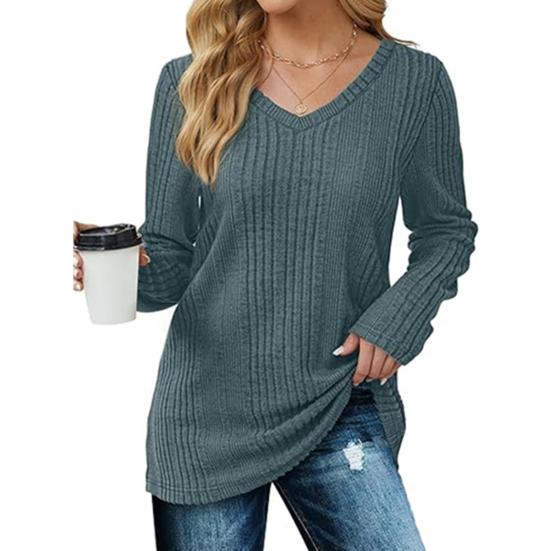 Женская туника-свитер с V-образным вырезом и длинным рукавом, однотонная, ребристая, повседневная, облегающая, трикотажная