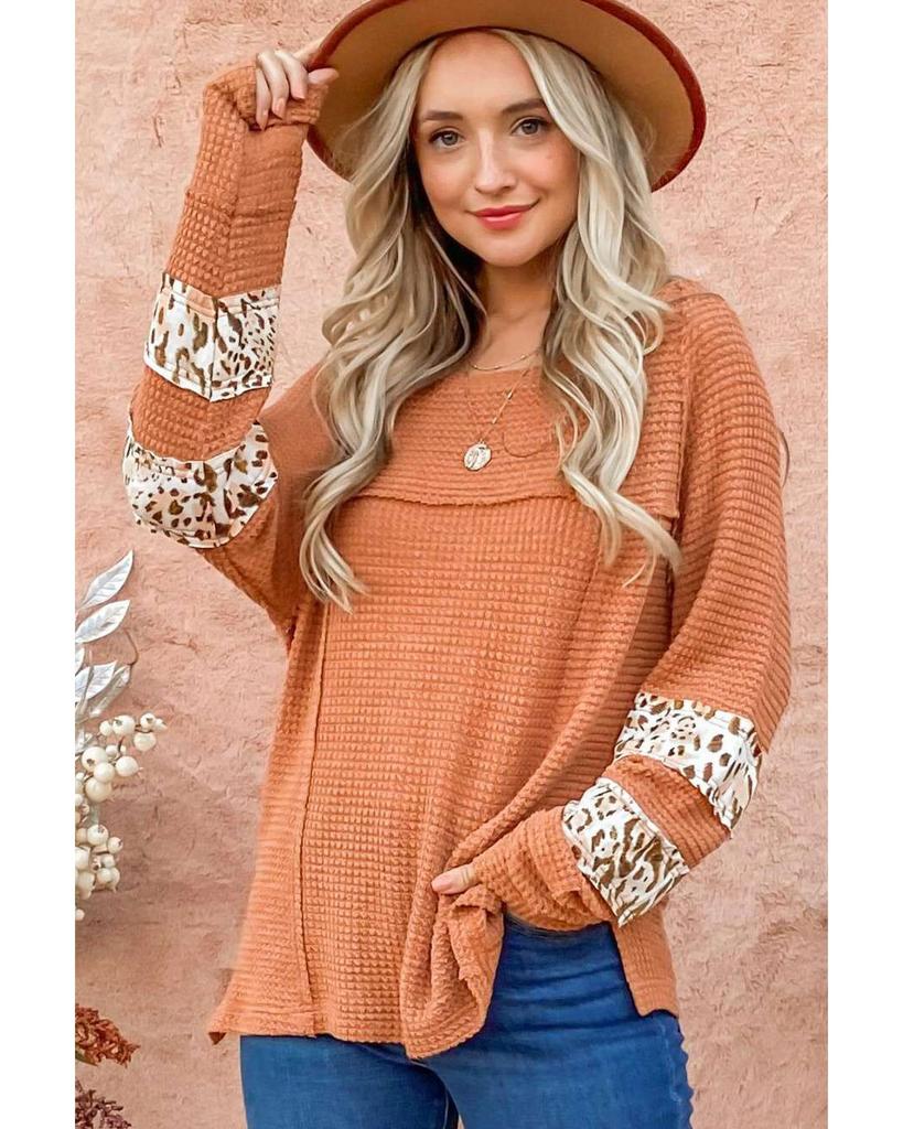Azura Exchange Apricot Leopard Splicing Exposed Seam Waffle Knit Top