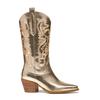 Cowboy Western Boots Embroidery Theme Party Shoe Wide Calf Comfy Shiny Finish for Houston Rodeo Sparkly Gold Chunky Stacked Heel