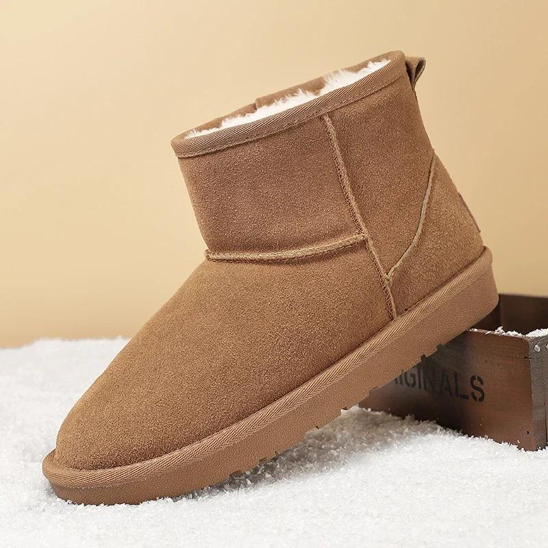 Fashion Leather Mens Snow Boots Casual Slip On Boots Warm Plush Fur Winter Boots for Men Snow Botas Handmade Male Walking Shoes