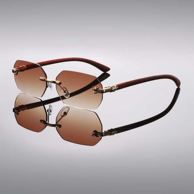 Модные безободковые солнцезащитные очки с обрезанными краями Женские высококлассные ретро очки Мужские дужки под дерево Голова леопарда Солнцезащитные очки